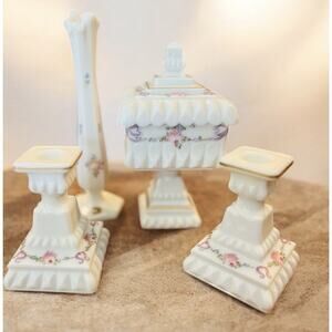 Vintage Westmoreland Roses Bows Wedding Box W/Lid Candlesticks Bud Vase Set